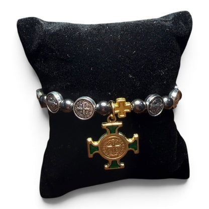 Bracelet Saint Benoît - Pendentif croix argentée et dorée