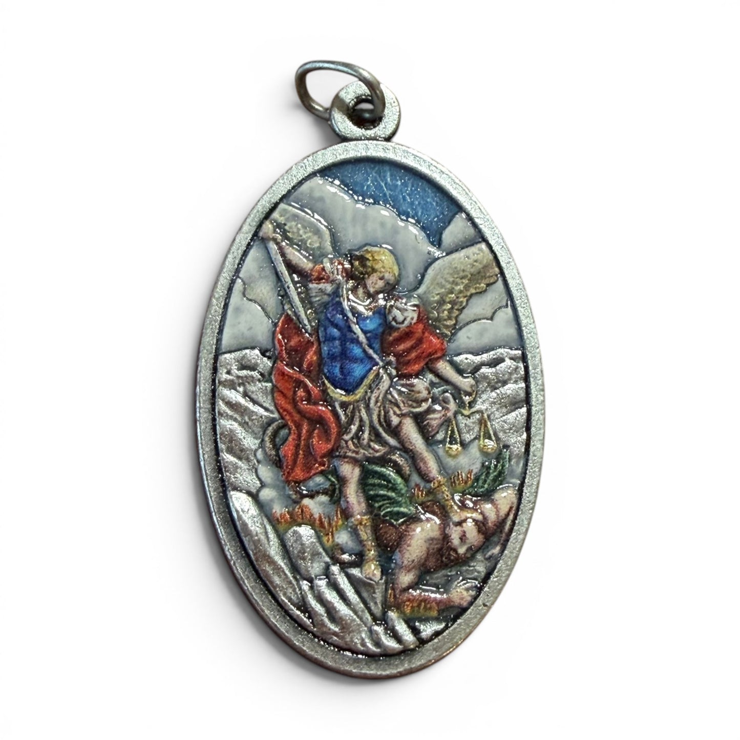 St. Michael Huge Medal - Silver-tone w/ enamel - Blessed by Pope