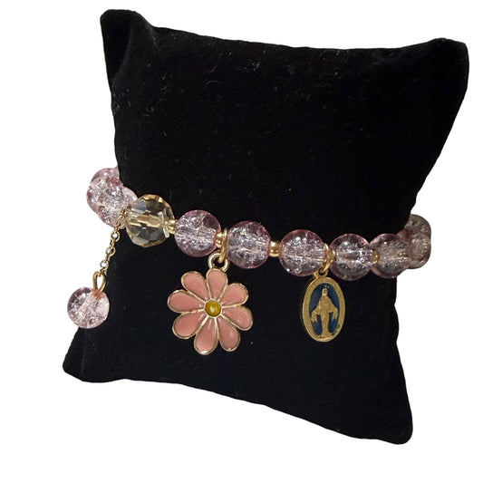 Miraculous Medal Bracelet - Pink crackle glass and gold-tone