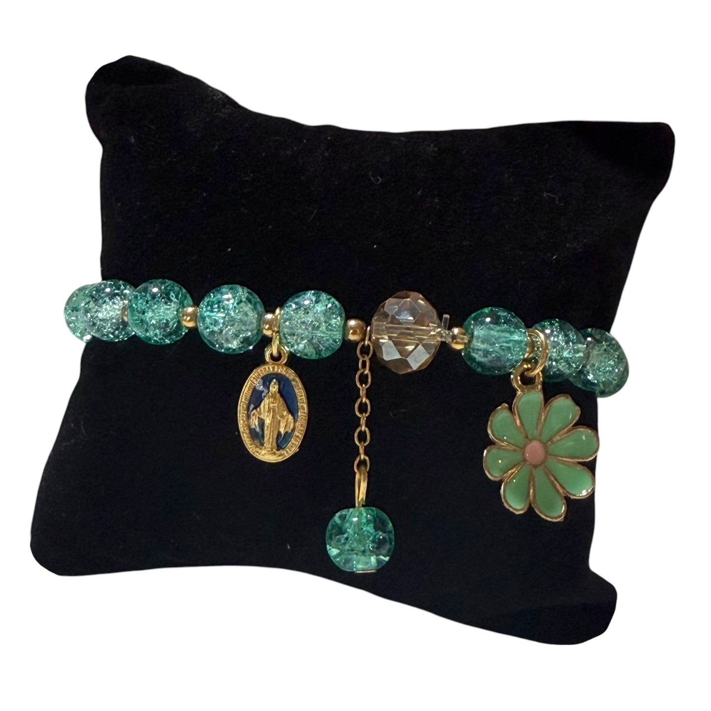 Miraculous Medal Bracelet - Green crackle glass and gold-tone
