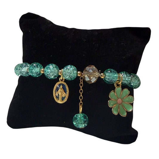 Miraculous Medal Bracelet - Green crackle glass and gold-tone