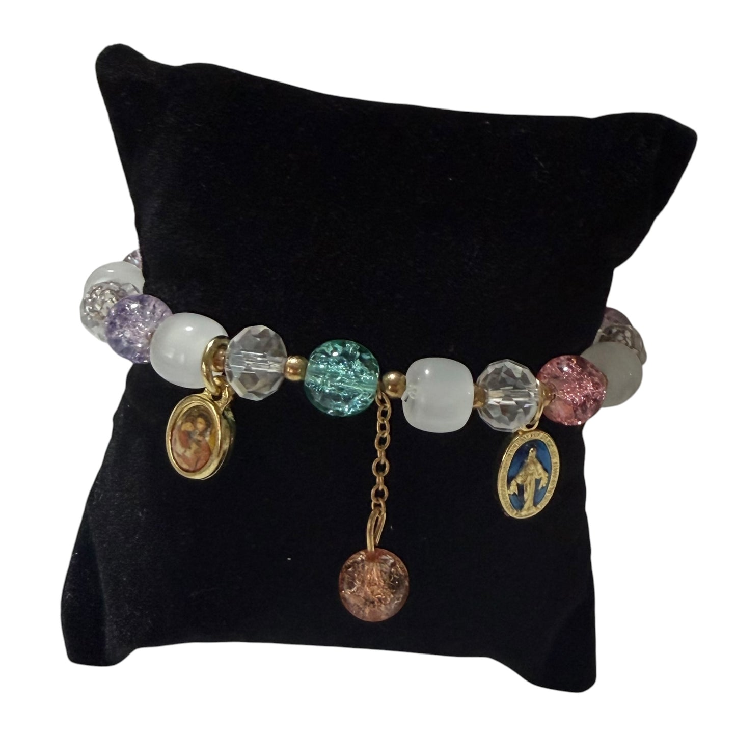 Miraculous Medal Bracelet - Multi-colored beads and gold-tone
