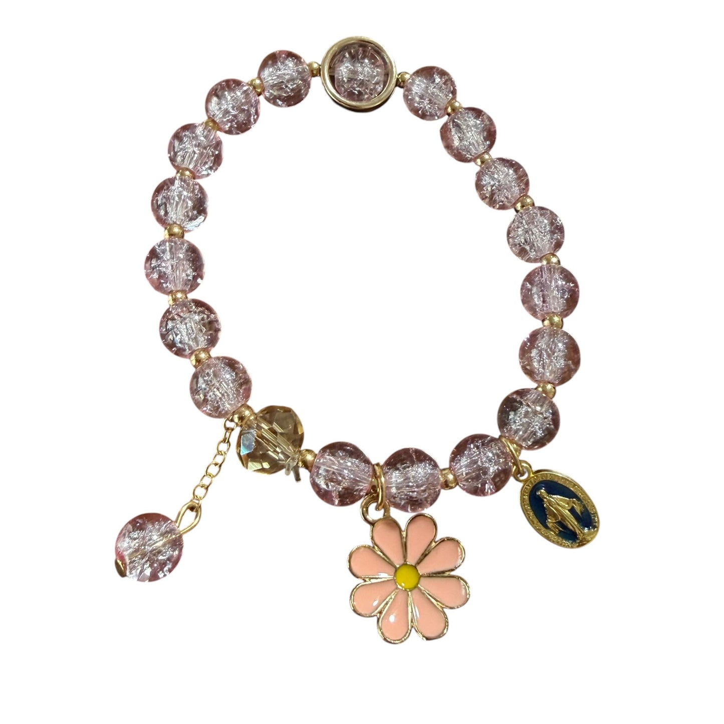 Pulseira Medalha Milagrosa - vidro rosa craquelado e tom dourado