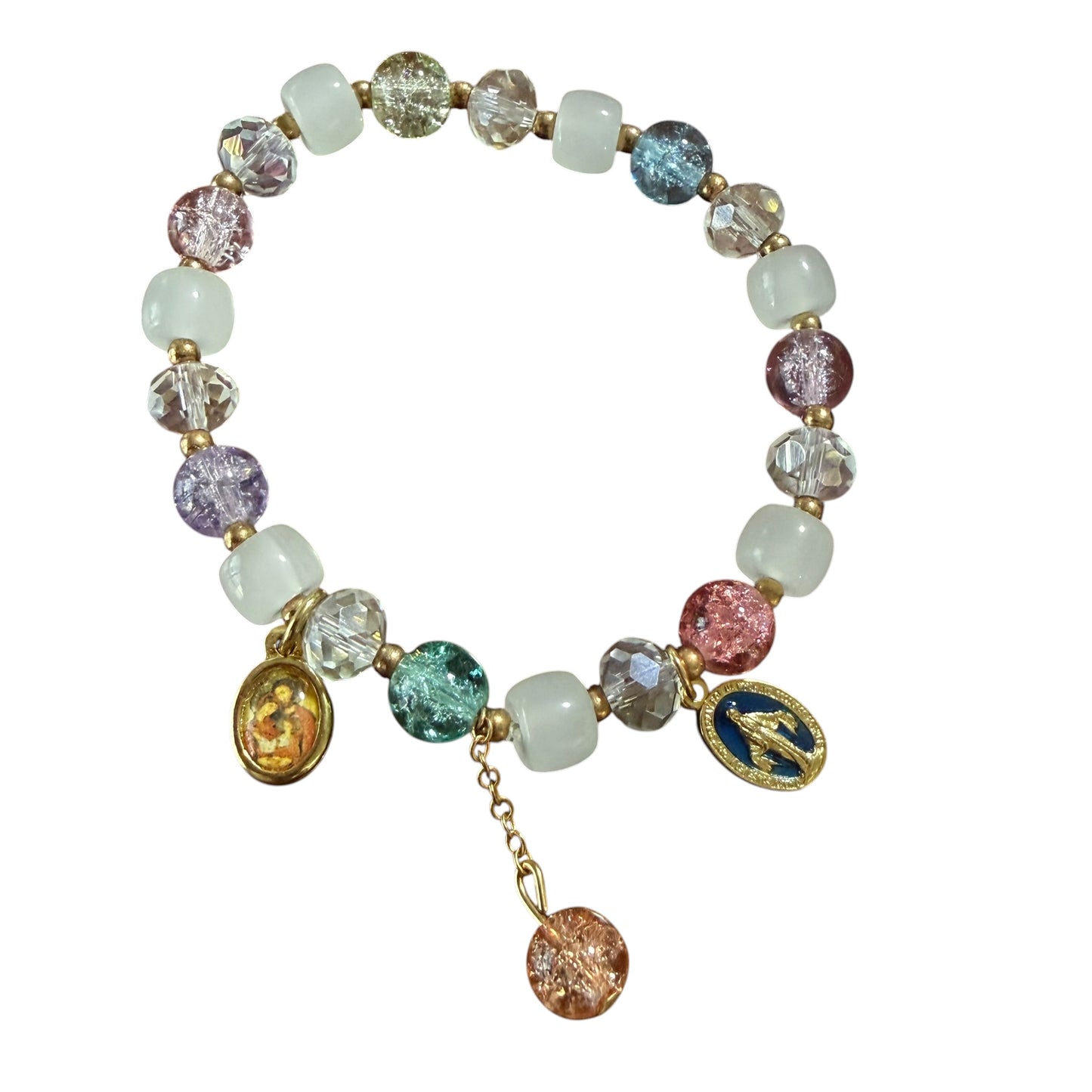 Miraculous Medal Bracelet - Multi-colored beads and gold-tone
