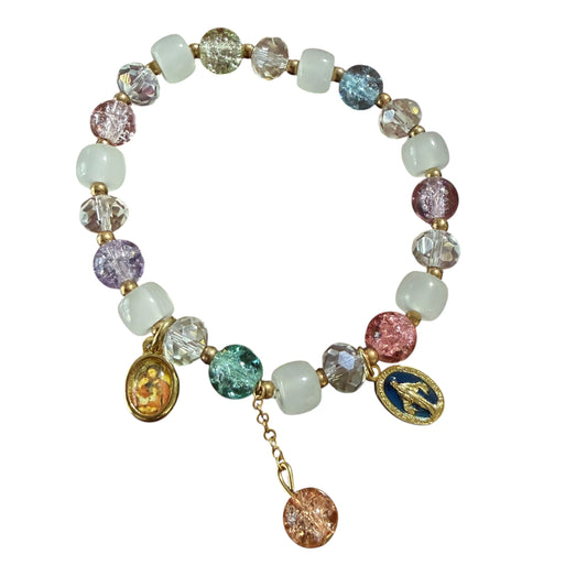 Pulseira Medalha Milagrosa - Contas multicoloridas e tom dourado