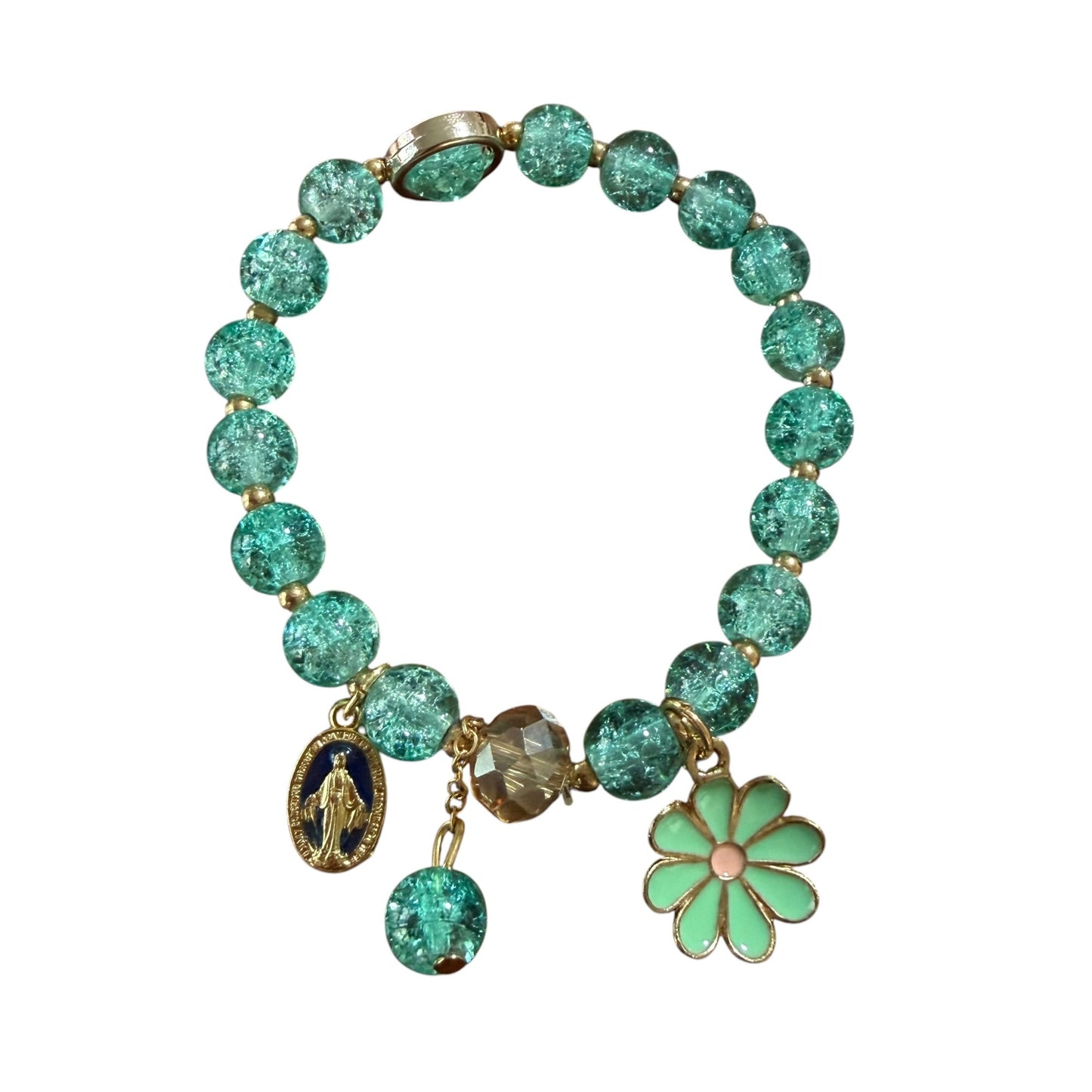 Miraculous Medal Bracelet - Green crackle glass and gold-tone