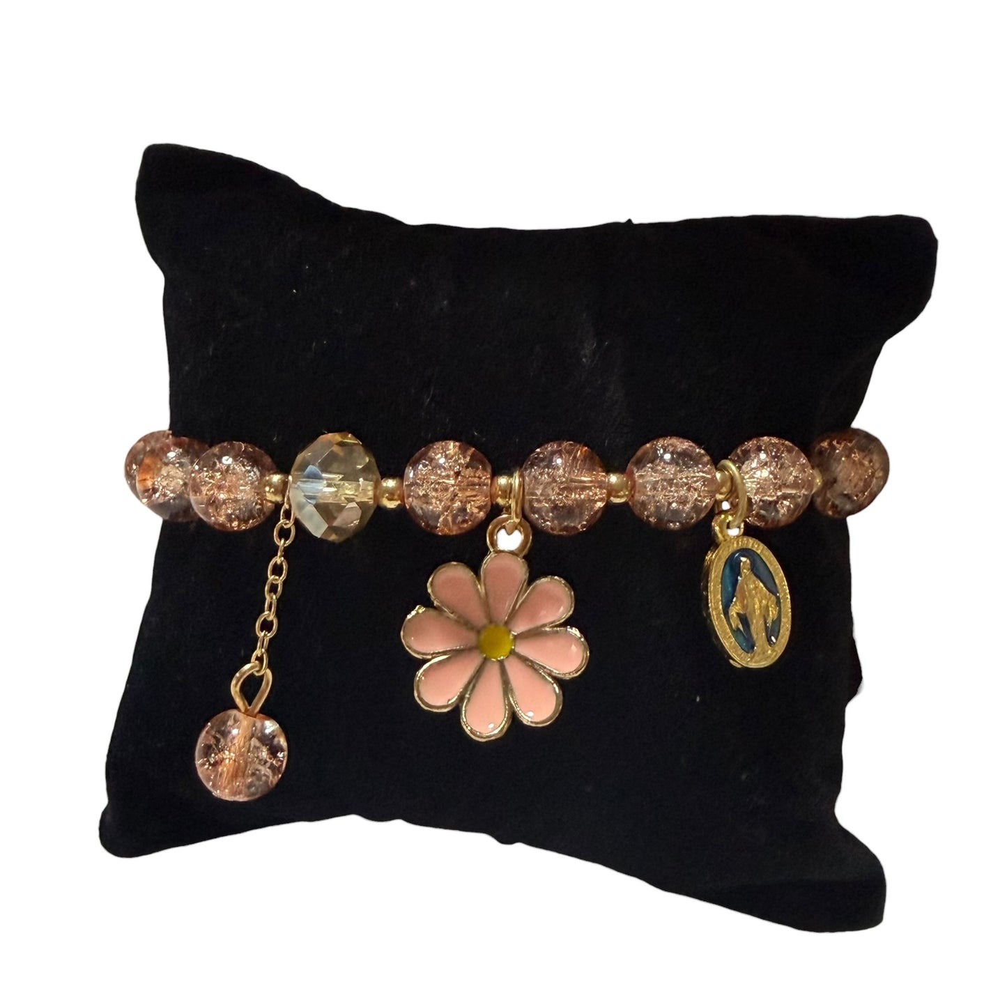 Miraculous Medal Bracelet - Pink and champagne glass beads