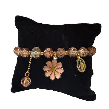 Miraculous Medal Bracelet - Pink and champagne glass beads