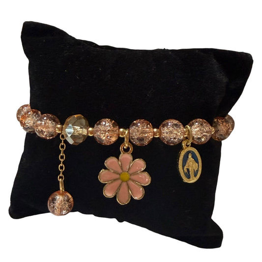 Miraculous Medal Bracelet - Pink and champagne glass beads