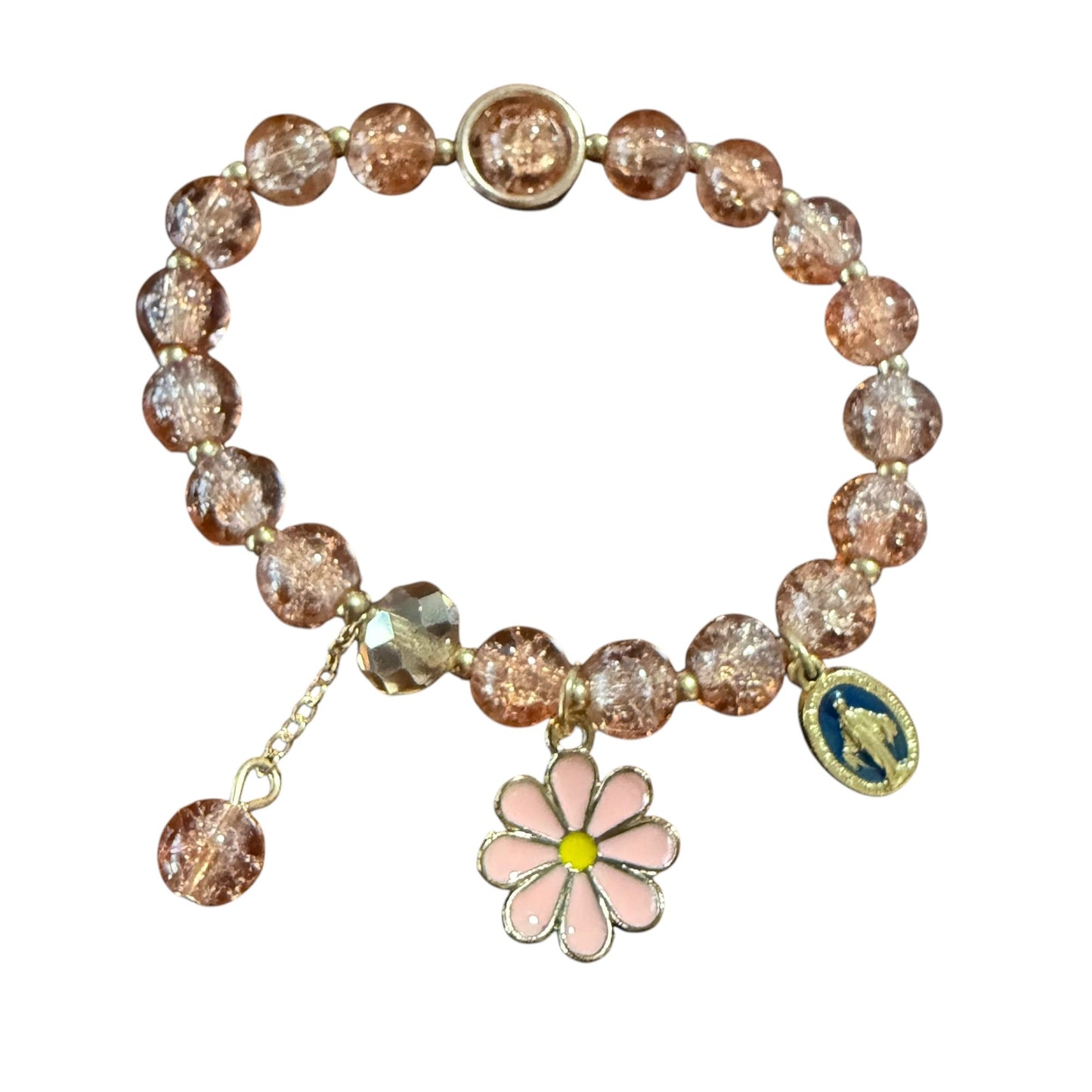 Miraculous Medal Bracelet - Pink and champagne glass beads