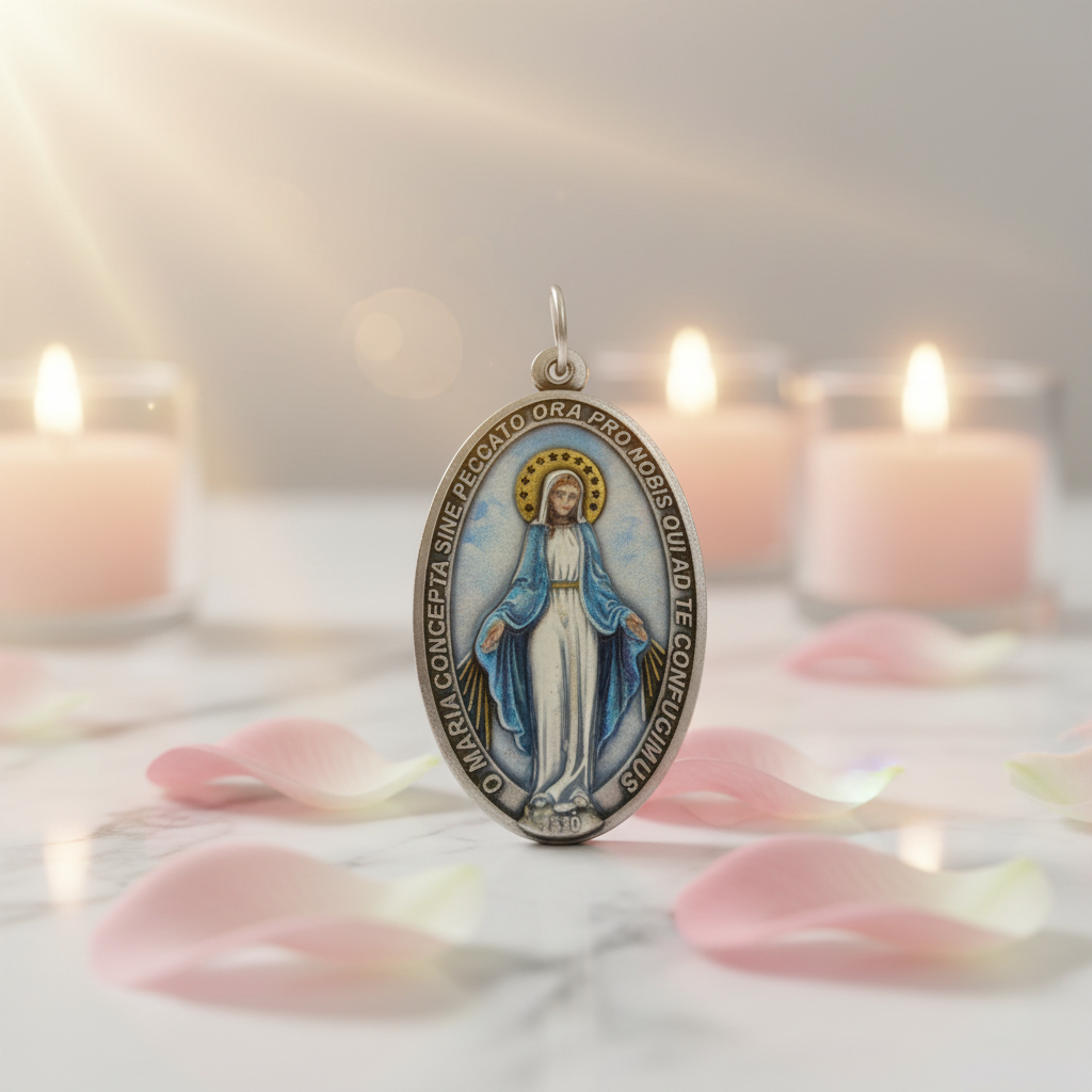 Miraculous Medal - Silver-tone with blue enamel - 1 1/8 inches