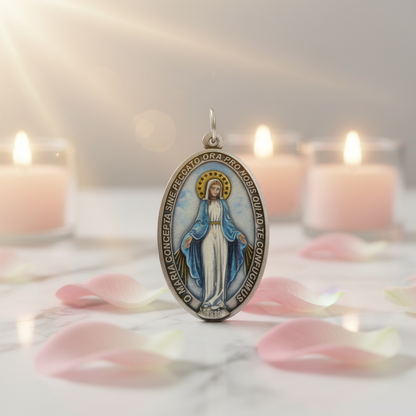 Miraculous Medal - Silver-tone with blue enamel - 1 1/8 inches
