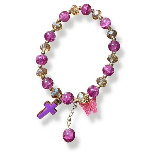 Amethyst Radiance Bracelet – Cross & Butterfly Charm Blessed by Pope | Catholically