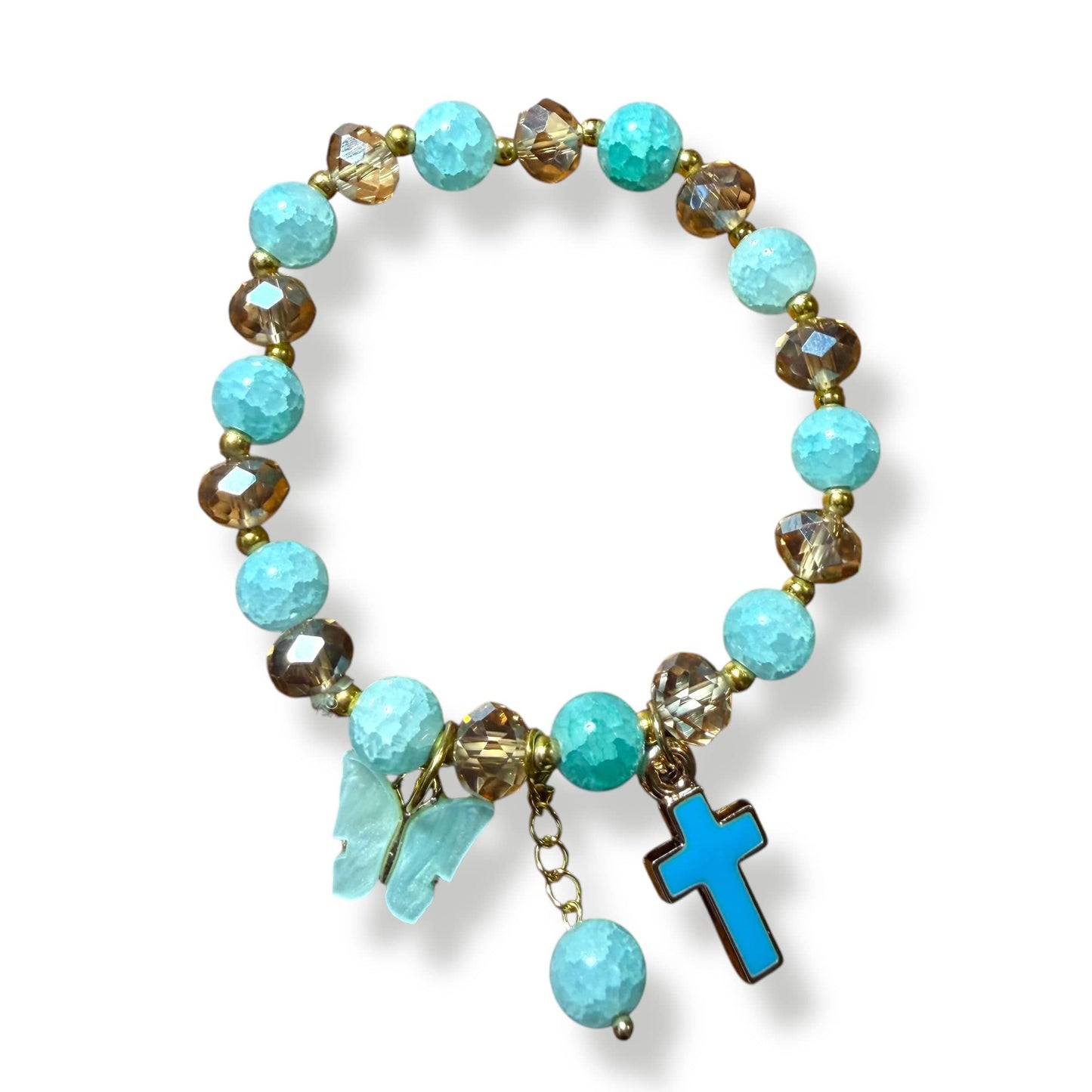 Aqua Blue Faith Bracelet – Cross & Butterfly Charm Blessed by Pope | Catholically