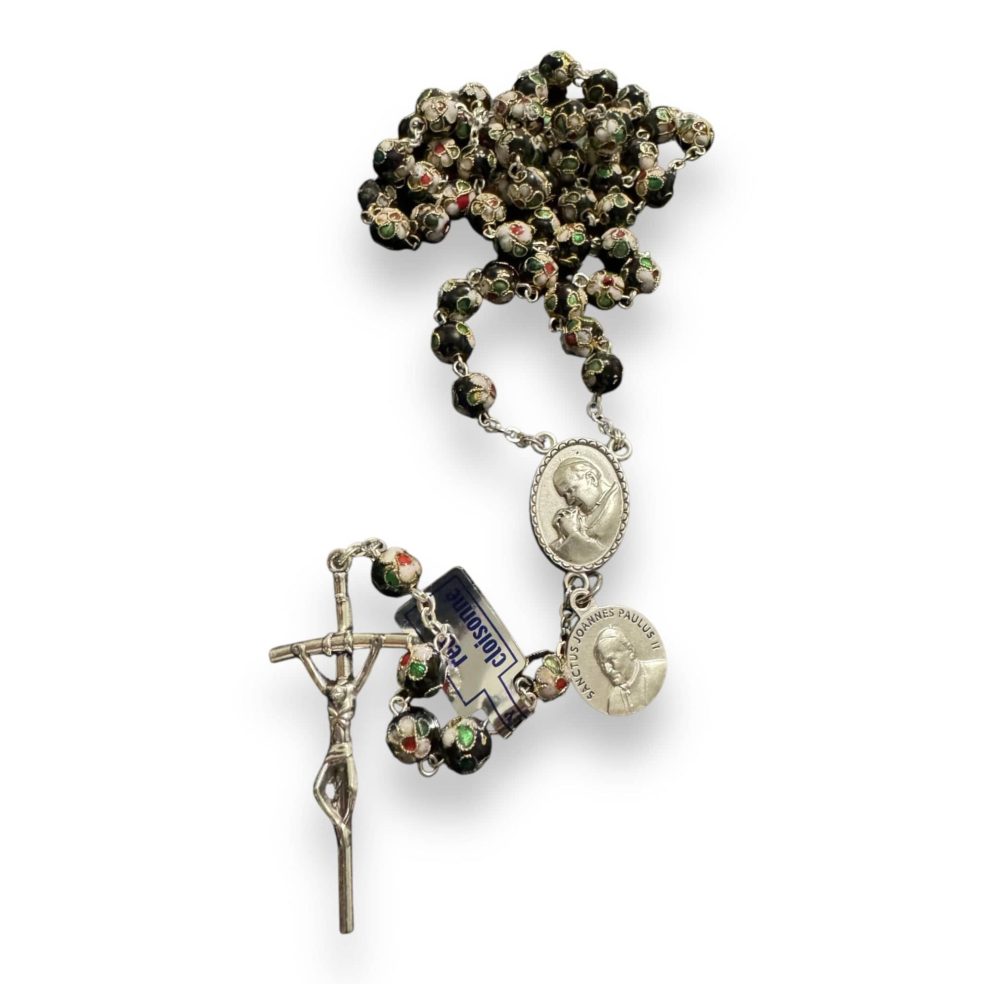 Black Cloisonne Rosary -St. John Paul II -JPII w/ Relic Medal | Catholically