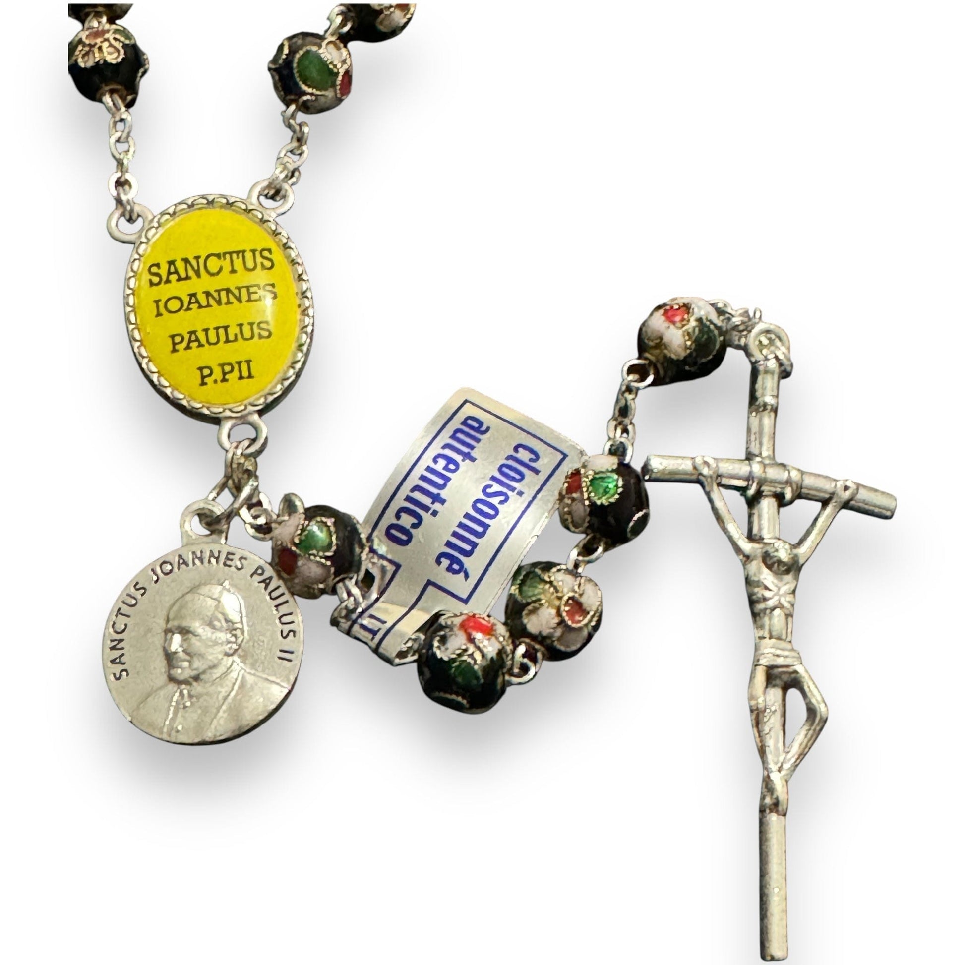 Black Cloisonne Rosary -St. John Paul II -JPII w/ Relic Medal | Catholically