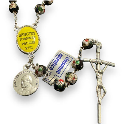 Black Cloisonne Rosary -St. John Paul II -JPII w/ Relic Medal | Catholically