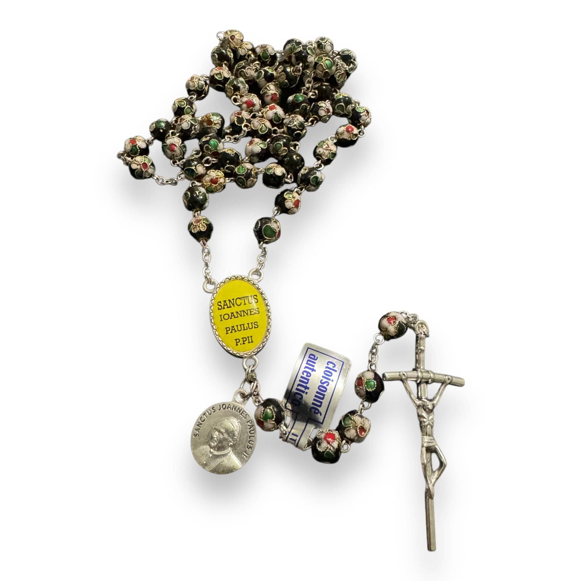 Black Cloisonne Rosary -St. John Paul II -JPII w/ Relic Medal | Catholically