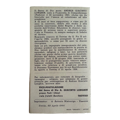 Blessed Andrea Giacinto Longhin - Capuchins - Relic Card | Catholically