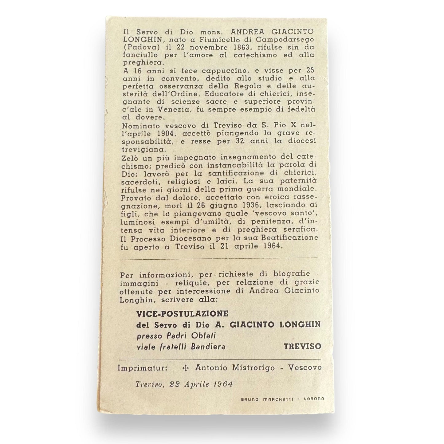 Blessed Andrea Giacinto Longhin - Capuchins - Relic Card | Catholically