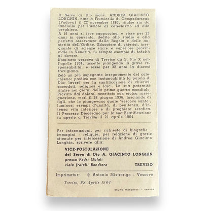 Blessed Andrea Giacinto Longhin - Capuchins - Relic Card | Catholically