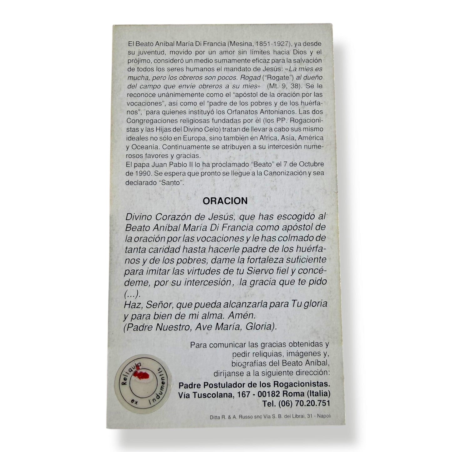 Blessed Beato Aníbal María Holy Card from Rome | Catholically