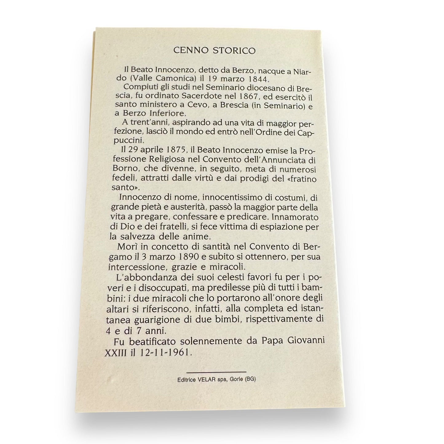 Blessed Innocenzo da Berzo Holy Card with relic ex-indumentis | Catholically