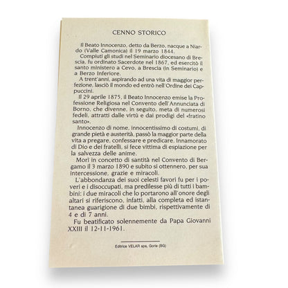 Blessed Innocenzo da Berzo Holy Card with relic ex-indumentis | Catholically
