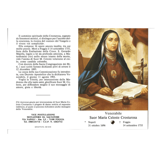 Blessed Maria Celeste Crostarosa prayer card with relic ex-induments | Catholically