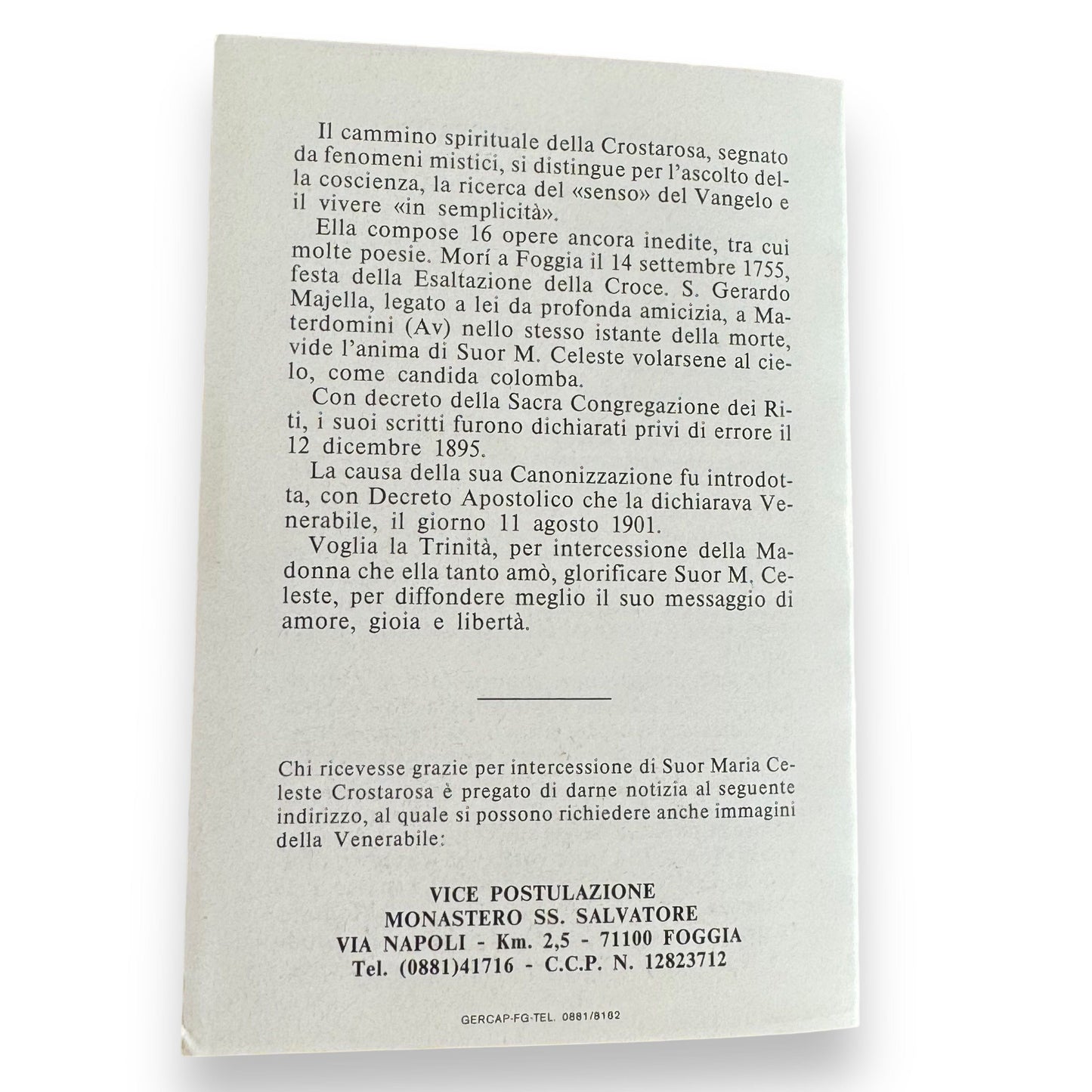 Blessed Maria Celeste Crostarosa prayer card with relic ex-induments | Catholically