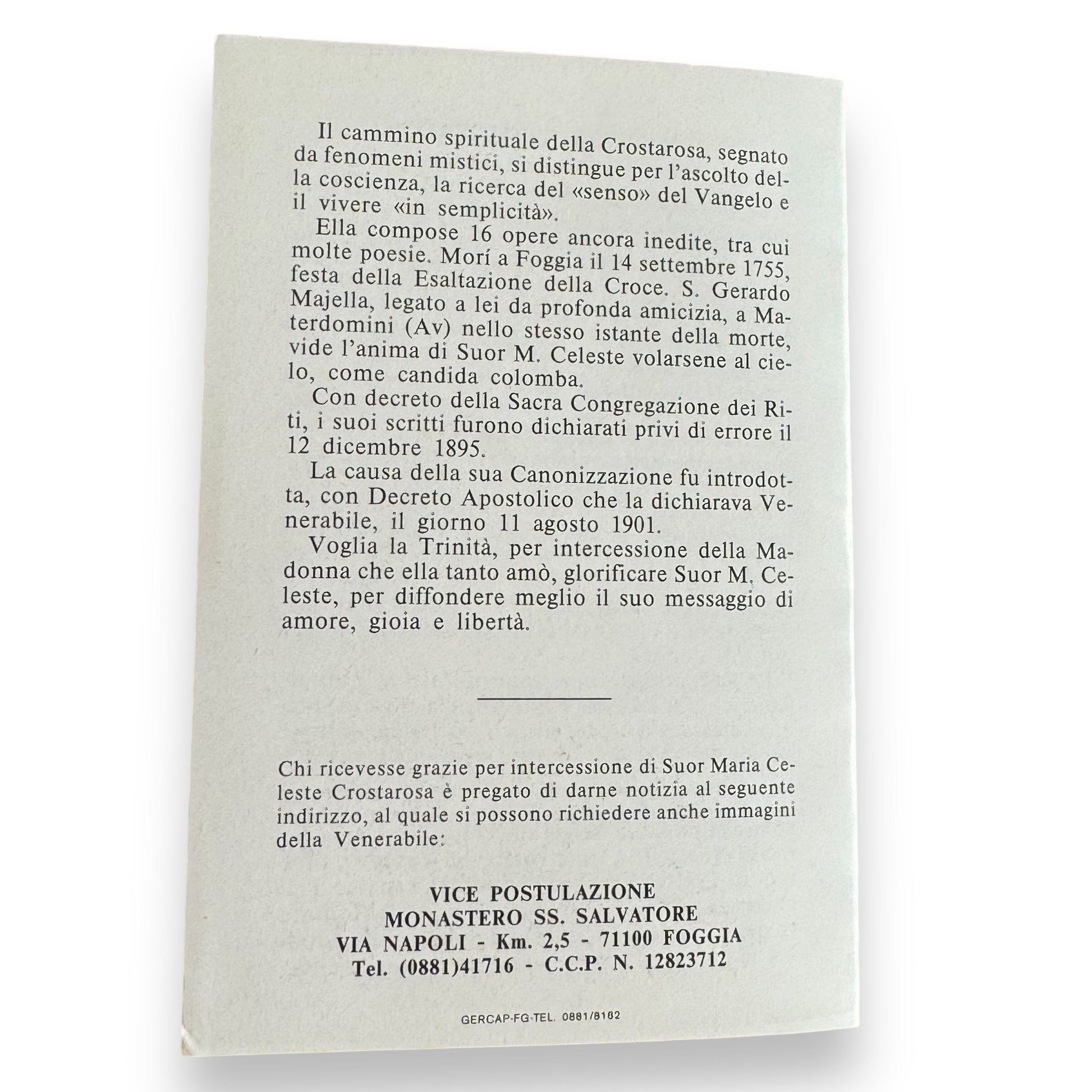 Blessed Maria Celeste Crostarosa prayer card with relic ex-induments | Catholically