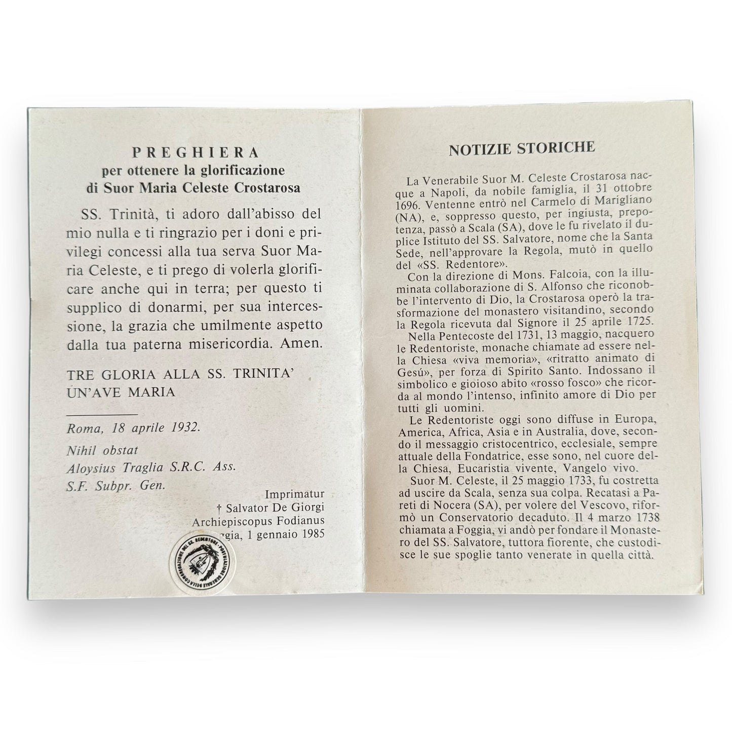 Blessed Maria Celeste Crostarosa prayer card with relic ex-induments | Catholically