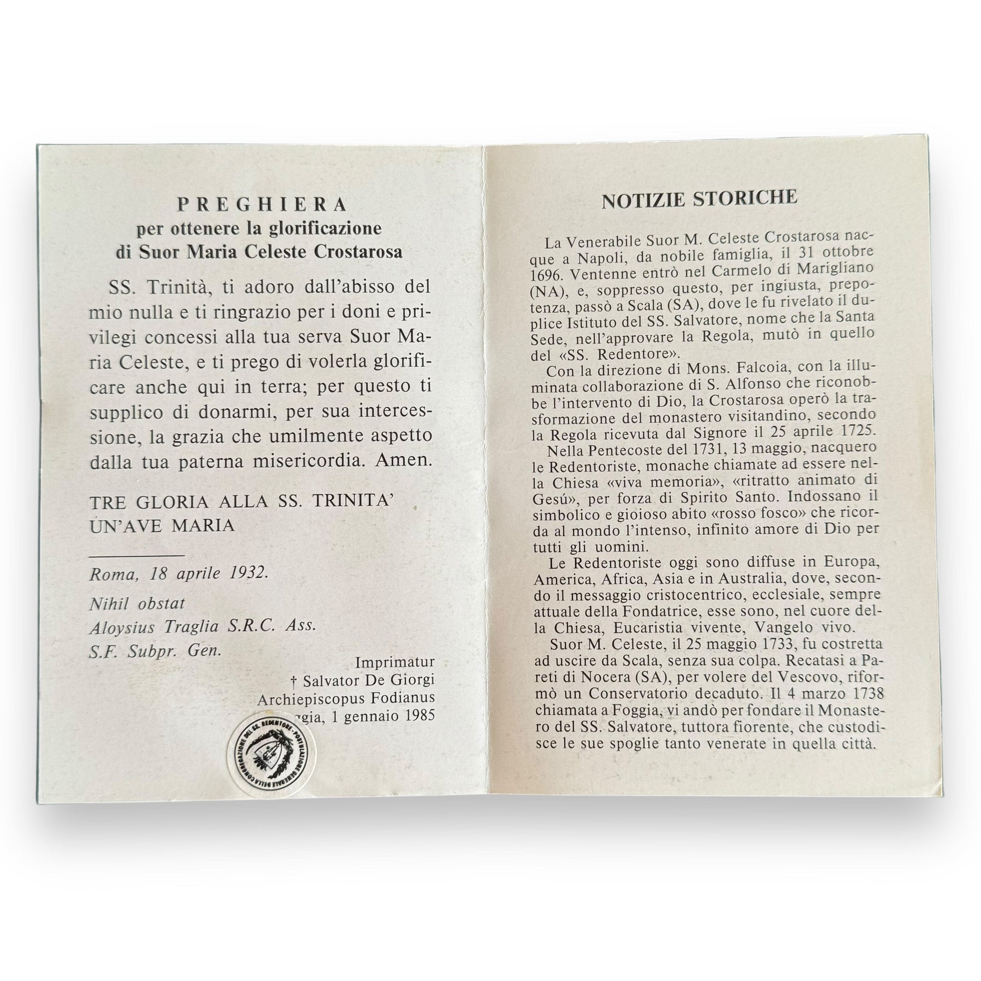 Blessed Maria Celeste Crostarosa prayer card with relic ex-induments | Catholically