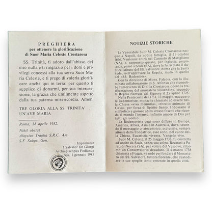 Blessed Maria Celeste Crostarosa prayer card with relic ex-induments | Catholically