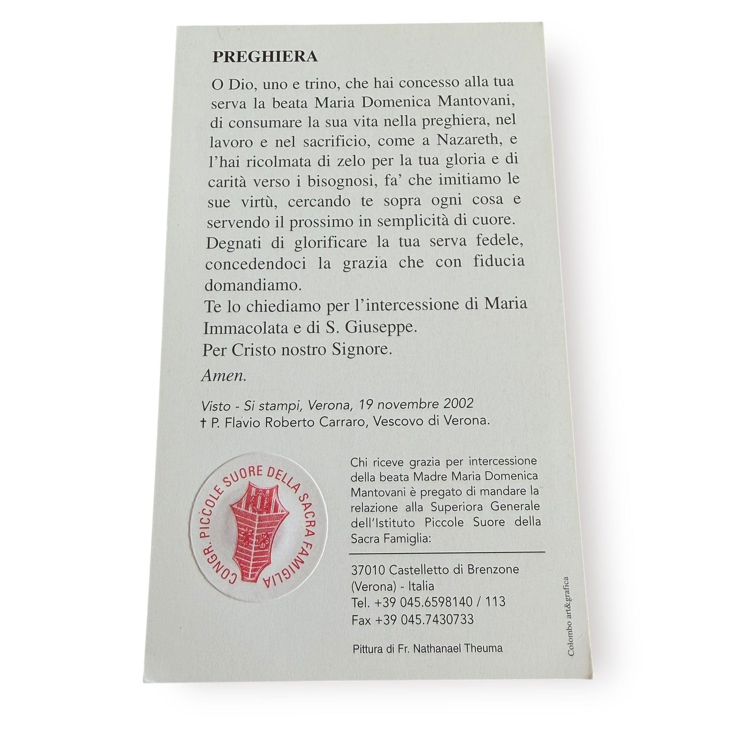 Blessed Maria Domenica Mantovani Relic Card – Blessed in Rome by Pope Leo XIV | Catholically