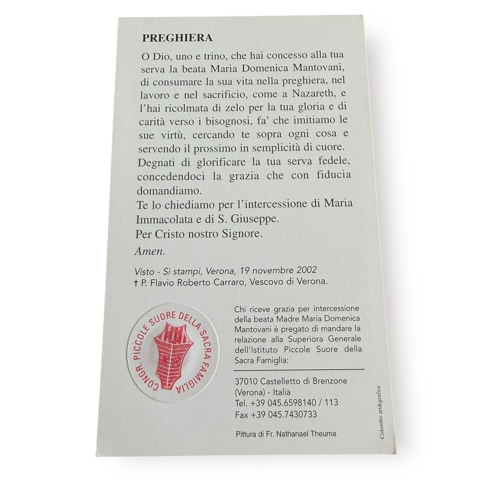 Blessed Maria Domenica Mantovani Relic Card – Blessed in Rome by Pope Leo XIV | Catholically