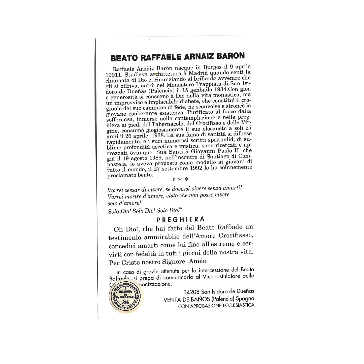 Blessed Rafael Arnaiz Barón Prayer Card with Relic | Catholically