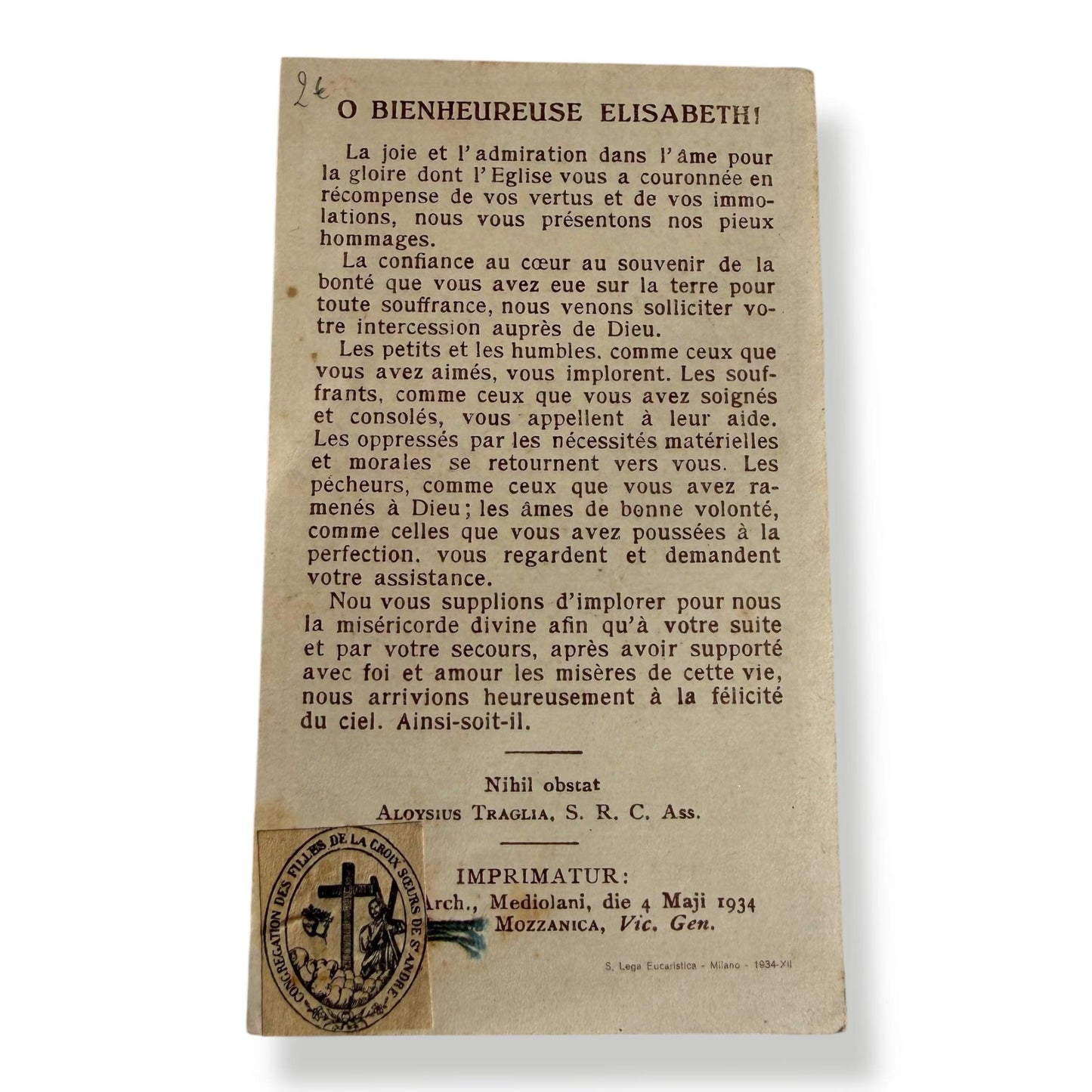 Blessed St. Elizabeth Bichier des Âges Holy Card | Catholically