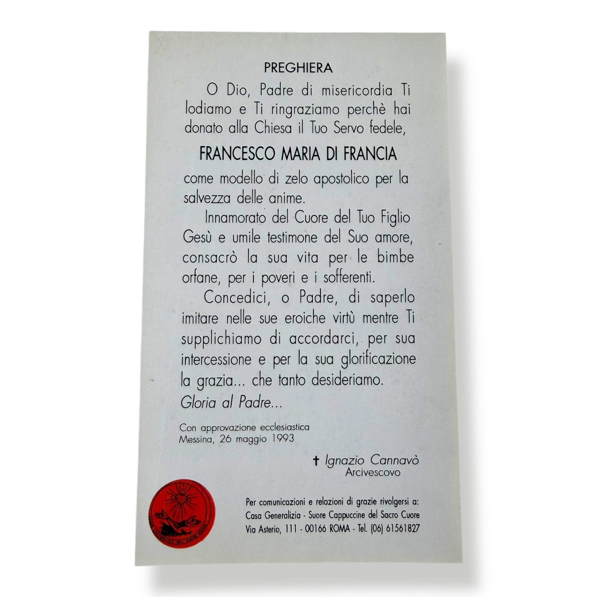 Blessed St. Francesco di Francia Prayer Card Italy | Catholically