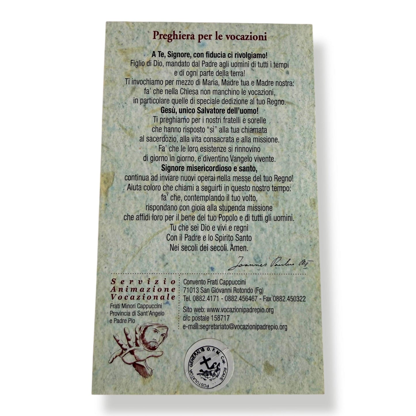 Blessed St. Padre Pio Holy Card with Vocations Prayer | Catholically
