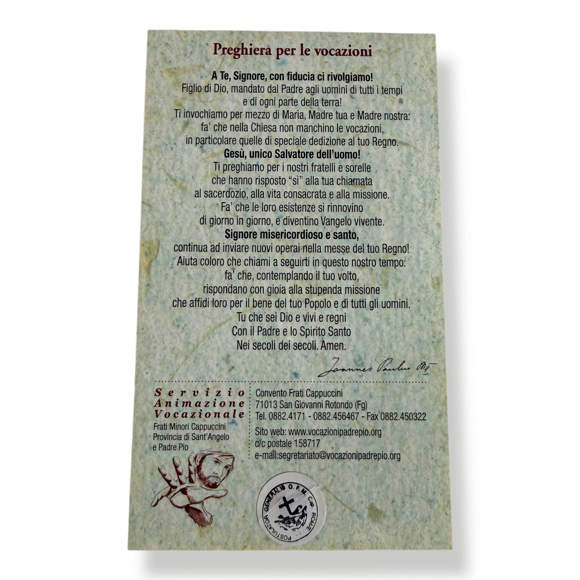 Blessed St. Padre Pio Holy Card with Vocations Prayer | Catholically
