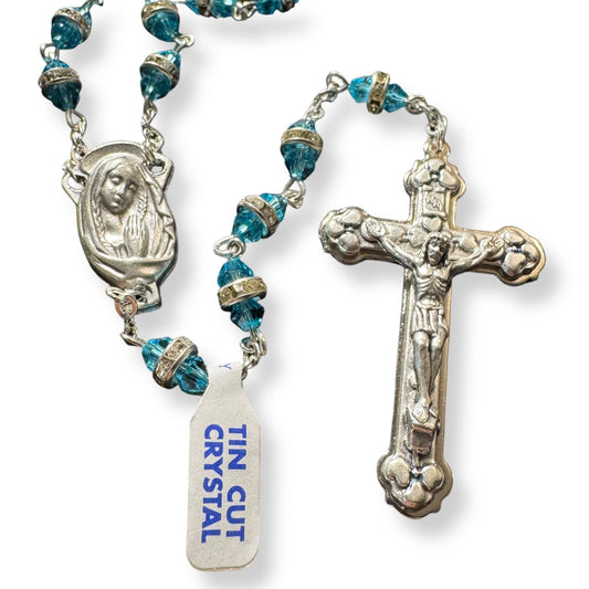 Virgin Mary Aqua Shiny Crystal Rosary - Rhinestone - Blessed By Pope Francis | Catholically