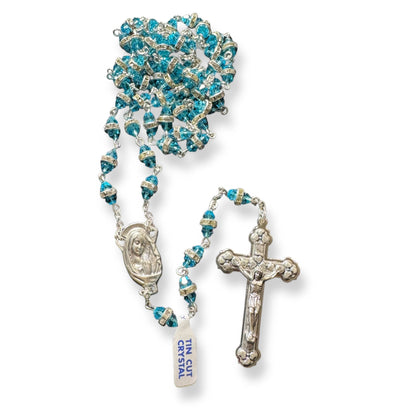 Virgin Mary Aqua Shiny Crystal Rosary - Rhinestone - Blessed By Pope Francis | Catholically