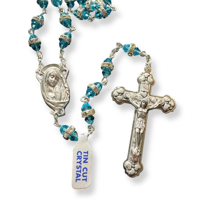 Virgin Mary Aqua Shiny Crystal Rosary - Rhinestone - Blessed By Pope Francis | Catholically