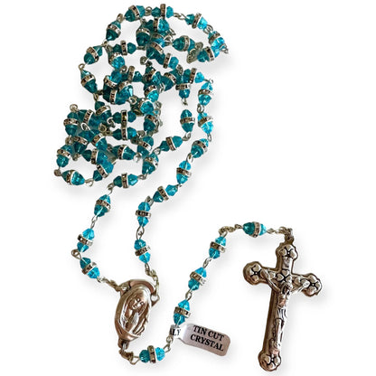 Virgin Mary Aqua Shiny Crystal Rosary - Rhinestone - Blessed By Pope Francis | Catholically