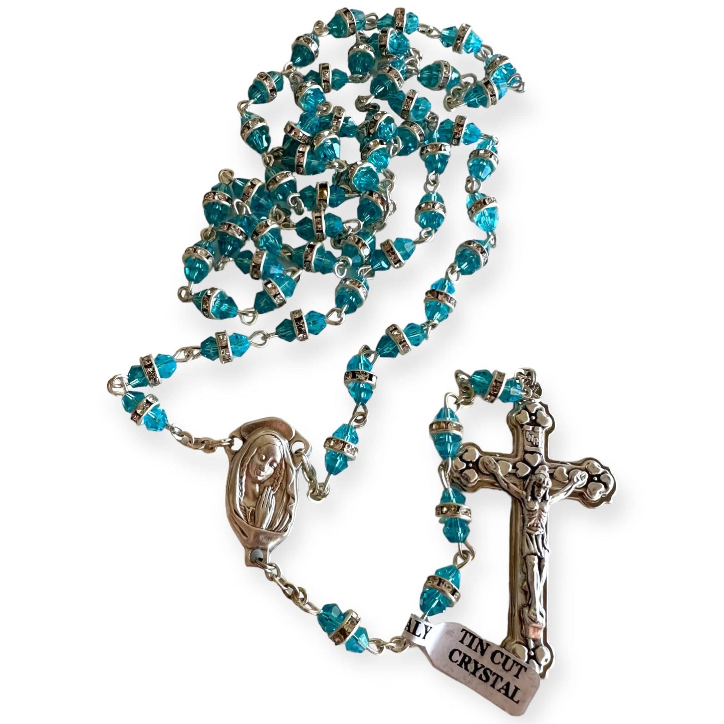 Virgin Mary Aqua Shiny Crystal Rosary - Rhinestone - Blessed By Pope Francis | Catholically