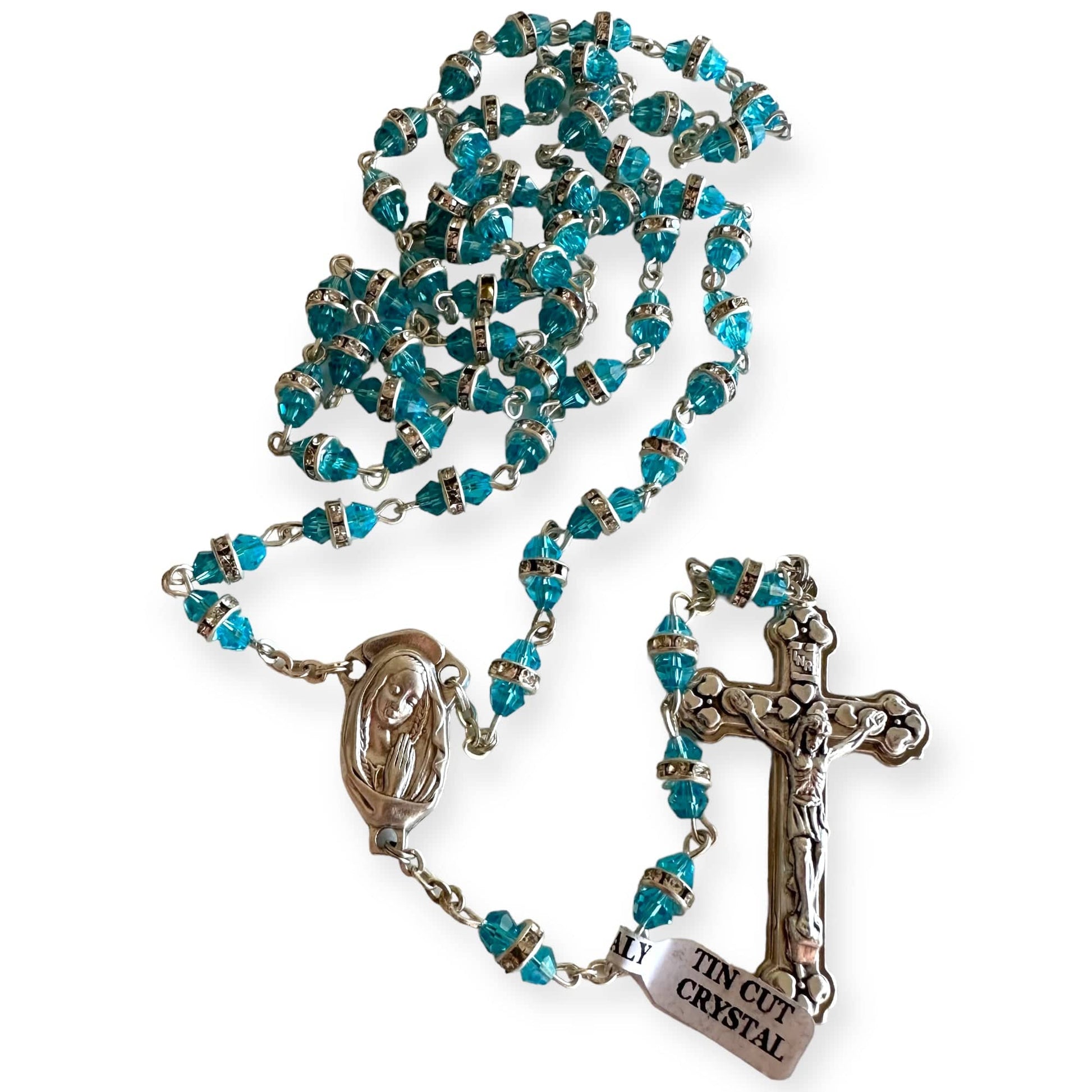 Virgin Mary Aqua Shiny Crystal Rosary - Rhinestone - Blessed By Pope Francis | Catholically