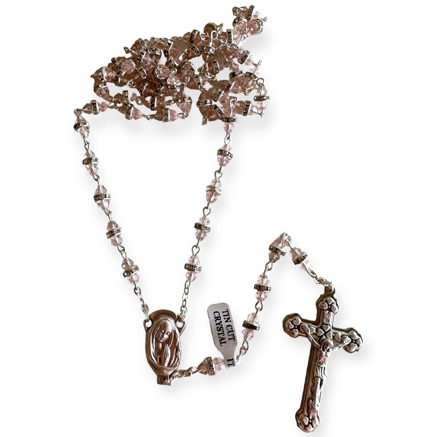 Blessed Virgin Mary - Pink Shiny Crystal Rosary - Rhinestone - Blessed By Pope | Catholically