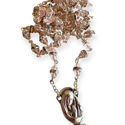 Blessed Virgin Mary - Pink Shiny Crystal Rosary - Rhinestone - Blessed By Pope | Catholically