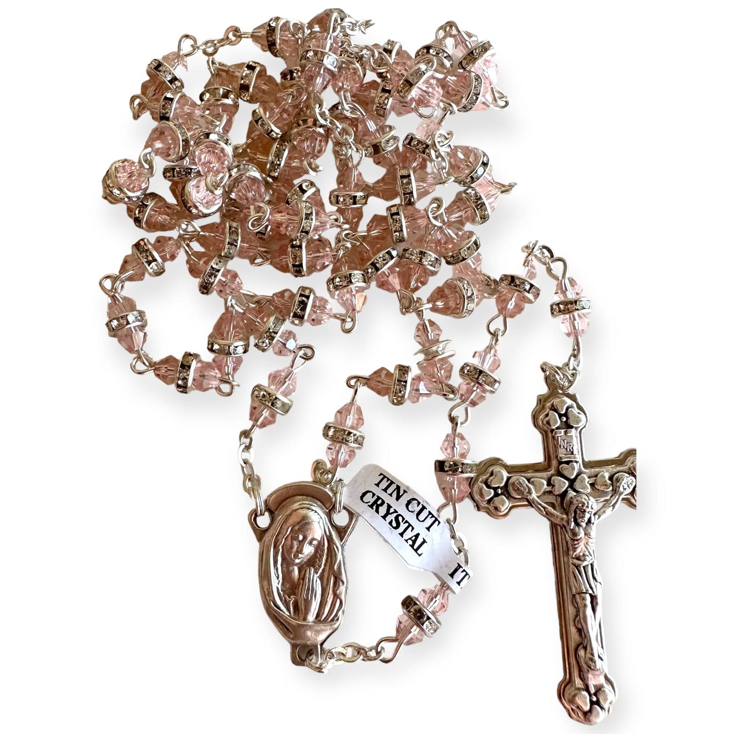 Blessed Virgin Mary - Pink Shiny Crystal Rosary - Rhinestone - Blessed By Pope | Catholically